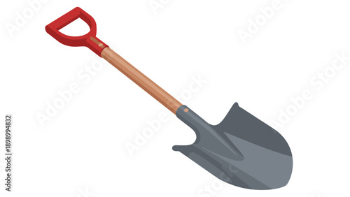 Modern isometric shovel with red handle and wooden shaft for