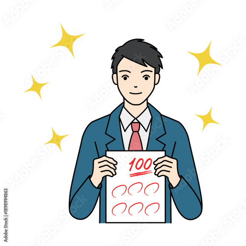 Joyful male student celebrating 100 percent test score