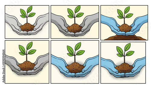 Growth and care pop art comics: hands nurturing a young plant