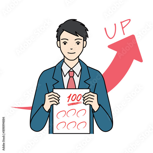 Happy student holding test paper with perfect score and up arrow