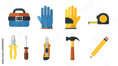 Collection of flat style construction tools with gloves and toolbox