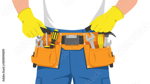 Tool belt with diy tools on a worker with gloves
