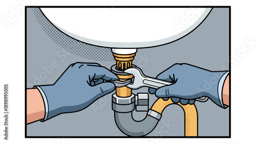 Plumber fixing sink pipe with wrench in modern graphic art style