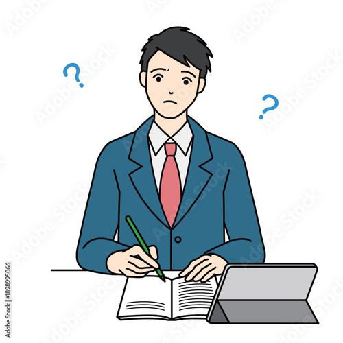 Confused student studying with tablet and question marks