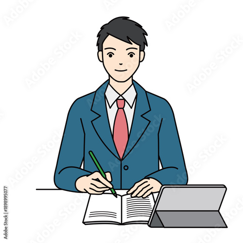 Male high school student studying with tablet and notebook