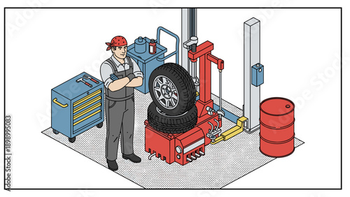 Mechanic with bandana in modern garage standing beside advanced tyre
