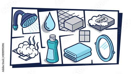 Retro comic style bathroom elements: showerhead, soap, and mirror in