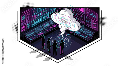 Futuristic data center with interactive cloud technology and analytics