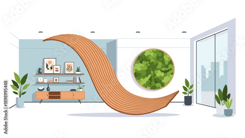 Modern minimalist interior with stylish wooden sculpture and indoor