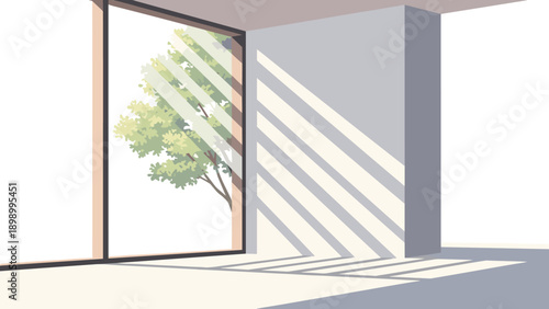 Minimalist interior with sunlit tree shadow in contemporary room