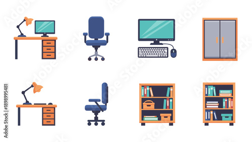 Office furniture set with desk, chair, computer, and bookshelves in