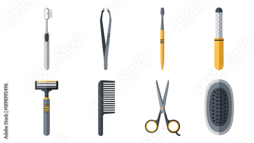 Essential grooming tools set in flat design style for personal care