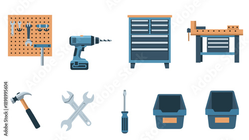 Set of workshop tools and equipment in flat design for diy and repair