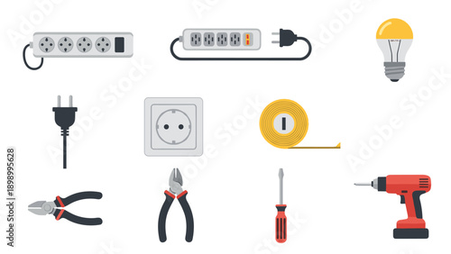 Flat electrical tools set with socket, plug, and drill for home
