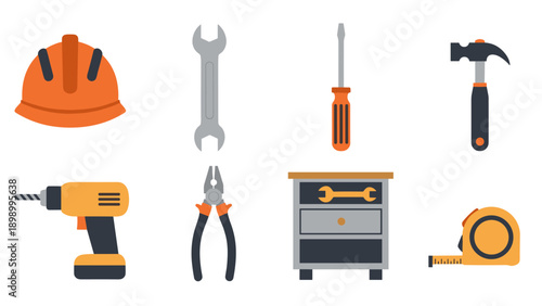 Essential tools collection: construction equipment icons in flat