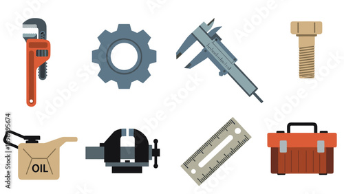 Flat design tools set: wrench, gear, caliper, bolt, oil can, vise