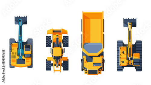 Construction vehicles set with aerial view in flat design