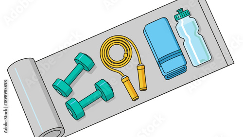 Fitness essentials on yoga mat: dumbbells, jump rope, towel, and