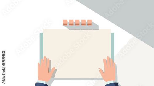Flat design hands drawing on blank canvas with shadows and eraser