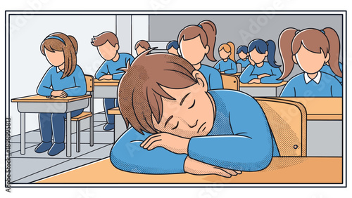 Classroom scene with students in cartoon style with one student asleep