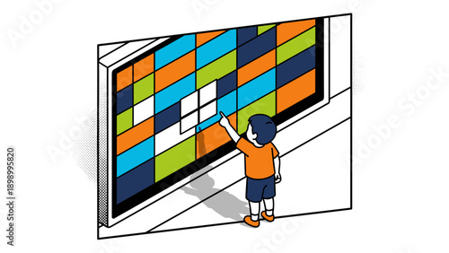 Child interacting with digital wall puzzle in vibrant geometric art