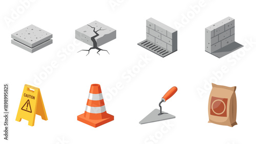 Isometric construction icons: concrete, safety, and building tools