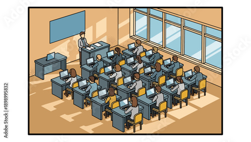 Classroom learning with diverse students using laptops in a modern