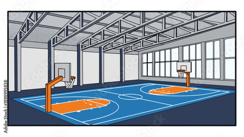 Modern indoor basketball court with natural lighting and steel beams