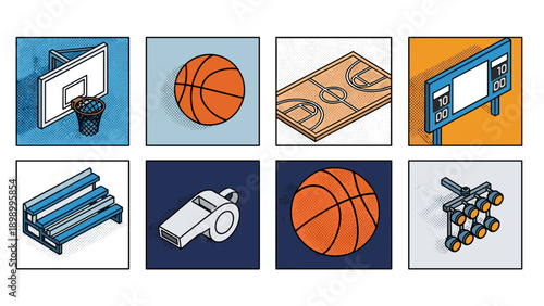 Isometric basketball elements set: court, scoreboard, equipment icons