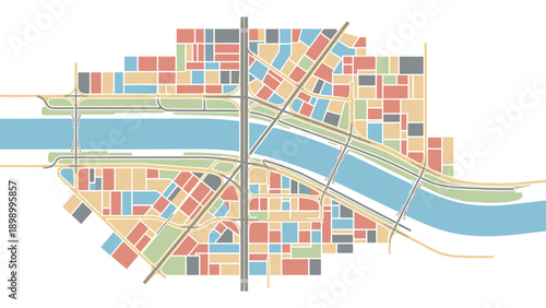 Colorful geometric city map with river and roads