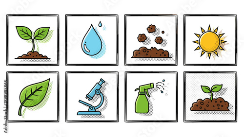 Eco-friendly gardening icons: plants, water, soil, sun, and tools in