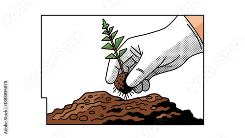 Hand planting seedling in soil with gardening glove pop art style