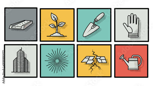 Eight vintage gardening icons with bold colors and halftone style