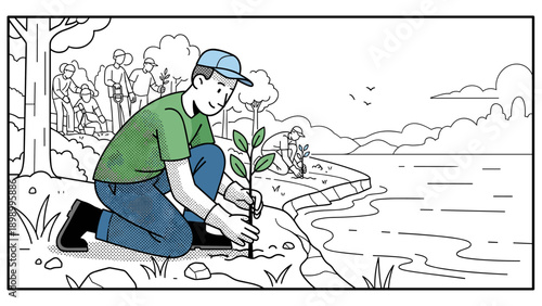 Monochrome cartoon of people planting trees by a river
