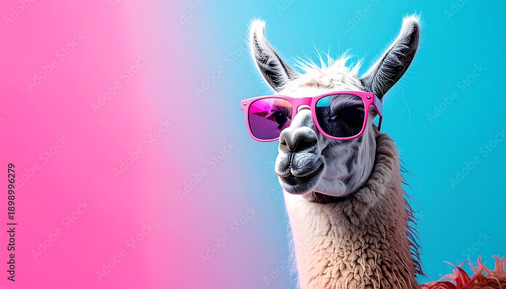 Obraz premium Cool Llama Wearing Pink Sunglasses Against a Vibrant Gradient Background.