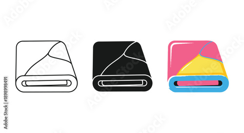 Collection of folded textile icons displaying line art solid glyph and colorful flat illustration styles for household comfort items