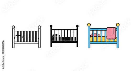 Collection of three distinct baby crib icons showing outline solid and color filled illustrations of infant furniture