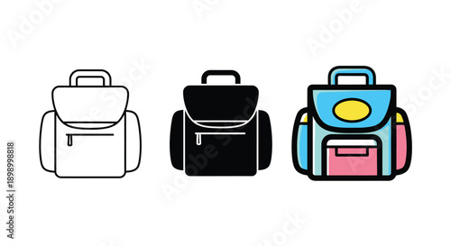 Collection of three distinct backpack icons illustrating line outline solid silhouette and colorful filled styles for educational design