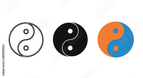 Collection of three distinct yin yang symbols showcasing outline solid black and vibrant color variations for spiritual design needs