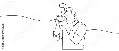 One continuous line drawing of a man raising a camera to take a picture. simple linear style Editable stroke.