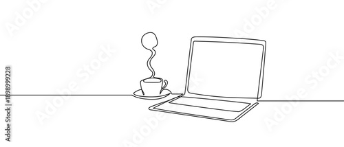A continuous line drawing of a laptop with a coffee cup placed beside it. simple linear style Editable stroke.