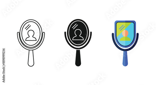 Collection of three distinct hand mirror icons showcasing a reflection of a generic person profile in various styles