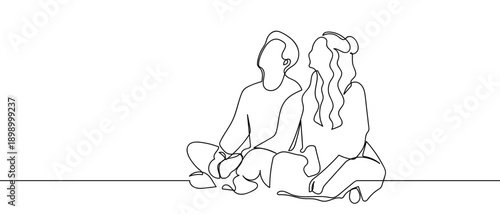 A continuous line drawing of a couple sitting side-by-side, from a side view. simple linear style Editable stroke.
