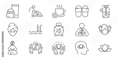 Collection of wellness and spa icons relaxation, self-care, and healthy lifestyle illustrations