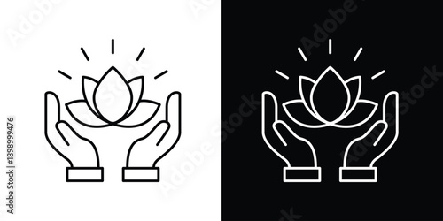 Single icon of hands holding a lotus flower with radiant light, symbolizing peace, wellness, and spirituality