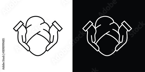 Two simplistic linear icons of a person with a headscarf and hands gently cupping their face, on black and white backgrounds