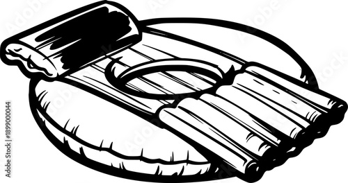 Abstract sumi-e style vector illustration of a pool float in bla
