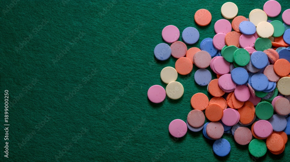 Obraz premium Colorful round candies scattered on a textured green surface