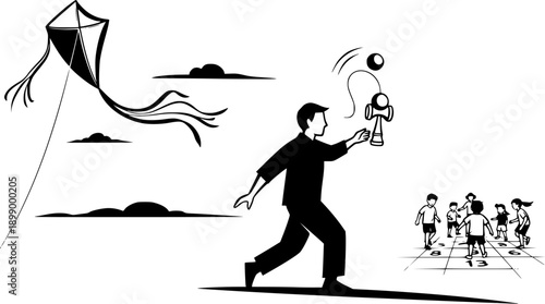 Stylized Outdoor Games Landscape Icon in Sumi-e Aesthetic Simpli
