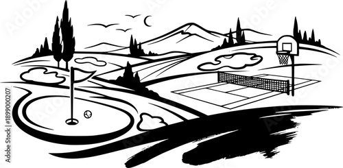 Stylized Outdoor Games Landscape Icon in Sumi-e Aesthetic Simpli
